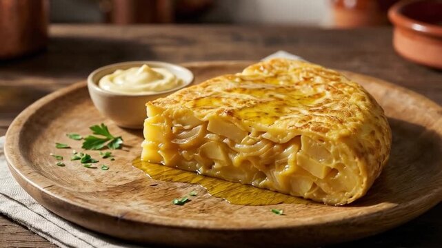 Porci&oacute;n de tortilla espa&ntilde;ola casera con mayonesa servida en tabla r&uacute;stica sobre mesa de madera en cocina tradicional