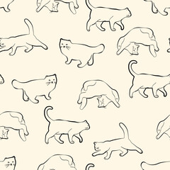 Seamless pattern with Whimsical cat poses in clean lineart on gentle beige background. Ideal for stationery, fabric, packaging and cozy pet-themed designs