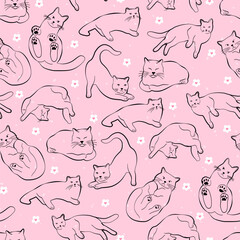 Seamless pattern with Whimsical cat poses in clean lineart on pink background. Ideal for stationery, fabric, packaging and cozy pet-themed designs