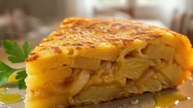 Porci&oacute;n jugosa de tortilla de patatas servida con aceite de oliva y sal en plato r&uacute;stico sobre mesa de madera