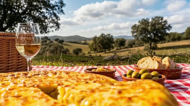 Tortilla espa&ntilde;ola casera durante un picnic campestre con vino blanco y aperitivos sobre mantel de cuadros