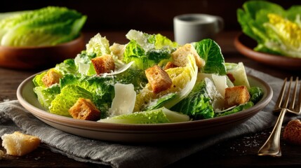 Crisp caesar salad preparation kitchen food photography rustic atmosphere close-up fresh ingredients for healthy eating