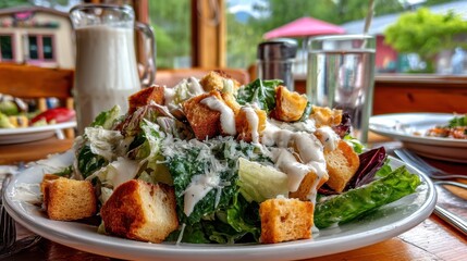 Delicious caesar salad restaurant dining food photography cozy indoor setting close-up view healthy eating concept