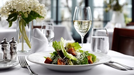 Gourmet salad preparation upscale restaurant food photography elegant dining room close-up culinary art
