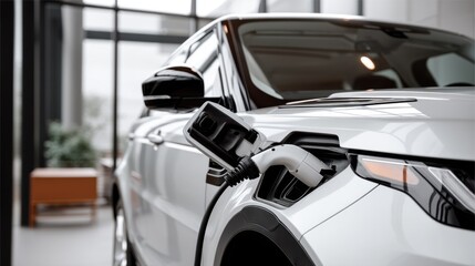 Electric vehicle charging event modern office interior photography bright environment close-up sustainable transportation