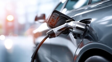 Charging electric vehicle at charging station urban location photography modern environment close-up view sustainable concept