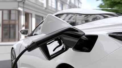 Electric vehicle charging action urban setting automotive content modern environment close-up view sustainable energy concept