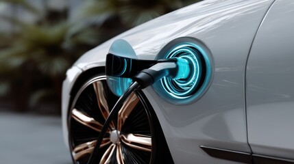 Charging electric vehicle battery in urban environment technology showcase futuristic viewpoint sustainability concept