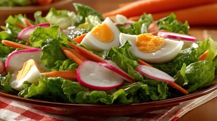 Refreshing salad with eggs and vegetables kitchen table food photography indoor setting close-up healthy eating
