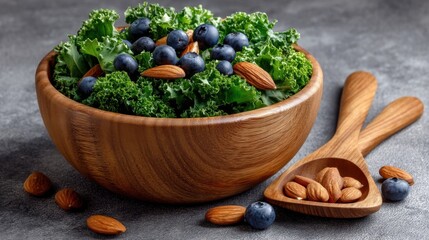 Healthy kale salad with blueberries and almonds kitchen table food photography rustic setting top-down view wellness concept