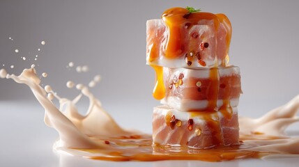 Savoring delectable sushi stack with saucy drizzle culinary studio food photography minimalistic setting close-up view gourmet experience