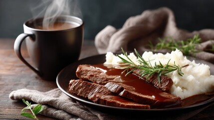 Savory beef tenderloin with mashed potatoes rustic kitchen food photography cozy atmosphere close-up culinary delight
