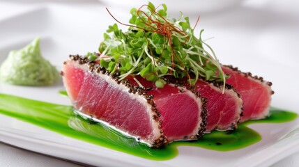 Savoring exquisite seared tuna upscale restaurant culinary delight elegant setting close-up gourmet experience