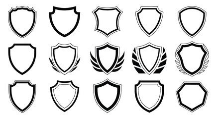 A set of sleek futuristic shield outline vectors, showcasing bold geometric shapes in black, perfect for creating gaming team logos, esports identity marks, tech symbols