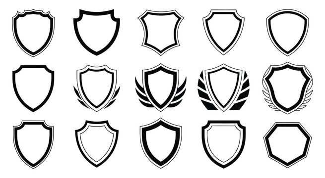 A set of sleek futuristic shield outline vectors, showcasing bold geometric shapes in black, perfect for creating gaming team logos, esports identity marks, tech symbols