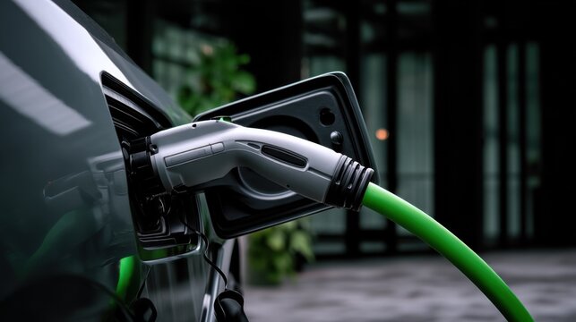 Electric vehicle charging station urban environment close-up view modern technology sustainable energy