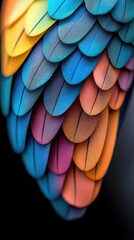 Fototapeta premium Close Up Of A Fantastical Bird Wing With Vibrant Feathers In Blue Yellow Orange Pink And Purple Hues Against A Dark Background Showing Intricate Patterns And Soft Lighting
