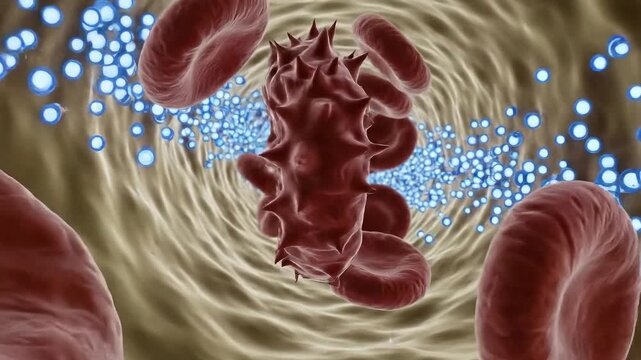 Microscopic View Of Red Blood Cells And A Diseased Cell Within A Vascular System With Illuminated Bubbles