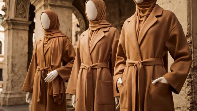 Three mannequins showcase elegant camel coats and hijabs. This display highlights modest fashion in an urban setting.