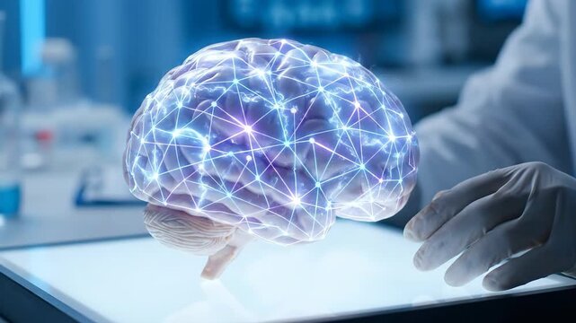 Scientist in gloves holds a human brain model with glowing neural network connections, symbolizing ai-driven neuroscience, brain technology, medical research and futuristic innovation in lab - Powered by Adobe