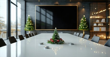 Modern conference room decorated for holidays. Long table dominates space, flanked by chairs, trees, large screen. Minimalist design.