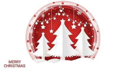 Festive holiday scene with white Christmas trees, snow, and red background.