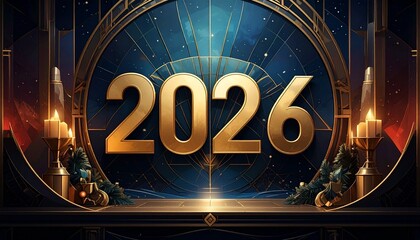Ornate gold “2026” text in metallic font centered on dark textured background with symmetrical geometric patterns and decorative flourishes, evoking elegant milestone design and celebratory refinement