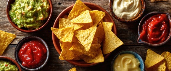 Crispy tortilla chips and assorted dips (guacamole, salsa, creamy) on wood