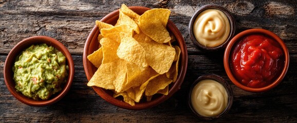 Overhead view of tortilla chips with guacamole, salsa, and cheese dips on wood