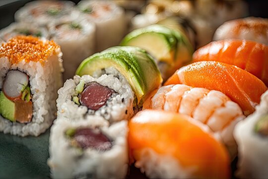 A vibrant close-up of assorted sushi and sashimi pieces on a dark plate - Powered by Adobe