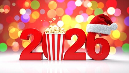 Playful “2026” digits in bold red, with popcorn container replacing “0” and Santa hat on “6”, set against festive background of colorful blurred lights, evoking holiday cheer and entertainment vibe.