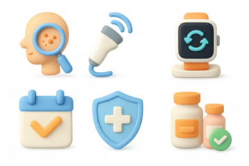 Modern healthcare icon set featuring medical tools, wearable devices, and health protection elements for graphic design