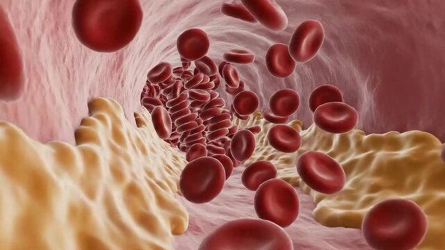 Microscopic view of red blood cells flowing through a blood vessel showing potential plaque buildup on the vessel wall medical illustration