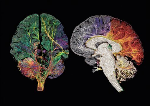 A multi-colored brain scan, displaying intricate neural pathways and anatomical sections