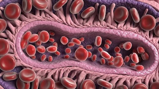 Microscopic View of Red Blood Cells Flowing Through a Capillary With Detailed Tissue Structures Illuminated By Soft Lighting