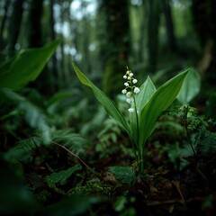Obraz premium Lily of the valley in a lush forest environment