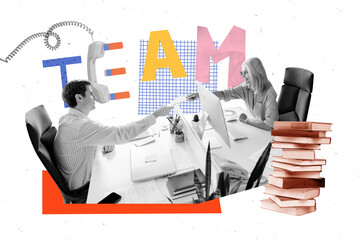 Trend composite sketch template 3D photo collage of team call landline phone young man lady sit...