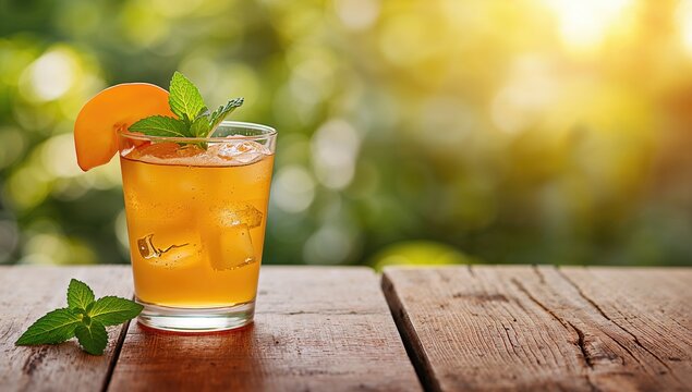 Glass of peach ice tea on wooden table, ideal for outdoor refreshment during summer