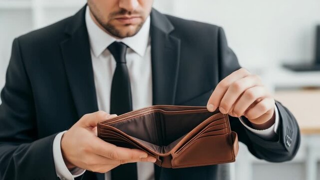 Worried businessman shows empty wallet, experiencing financial hardship