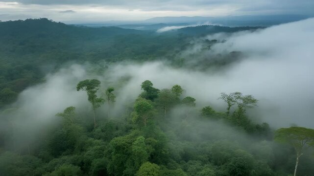 Misty rainforest canopy with lush green trees and vibrant foliage disappearing into clouds