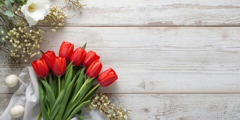Easter greeting card with red tulips on rustic background, seasonal floral decoration