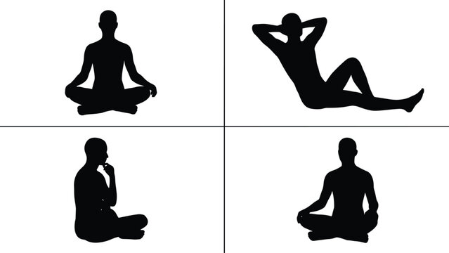 Black Silhouettes of People in Seated and Reclining Poses – Meditation, Relaxation, Thinking, Mindfulness – Lifestyle, Mental Wellness Concept