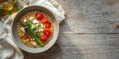 Breakfast oatmeal porridge with feta cheese, cherry tomatoes, asparagus and arugula, emphasizing fiber-rich ingredients for balanced nutrition, Earth Day