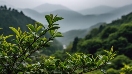 Lush green foreground with tea leaves and a misty mountain range in the background