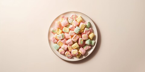 Plate with vibrant marshmallows on a light background, suitable for layout or editorial use
