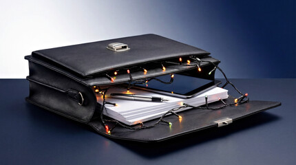 Creative Festive Office Concept: Briefcase with Festive Lights and Documents. Winter, Christmas or New Year Concept
