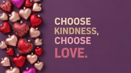 Heart shaped ornaments on purple background with choose kindness choose love message displayed beside it