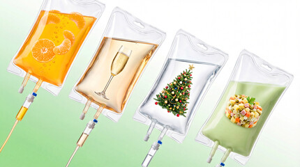 Creative IV Therapy Bags with Orange Juice, Champagne, Christmas Tree, and Salad Art. Winter, Christmas and New Year concept