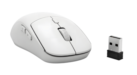 Modern white computer mouse with usb receiver isolated on transparent background
