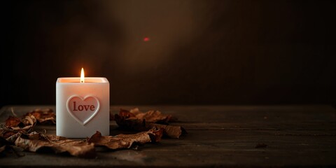 White square candlestick with carved heart and love inscription amid dry autumn leaves, warm candlelight for seasonal decor, autumnal theme